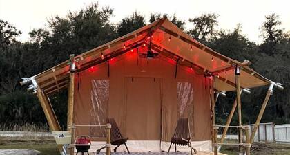Glamping Safari Tent with Fire Pit & Relaxing Hammocks in Basinger, Florida