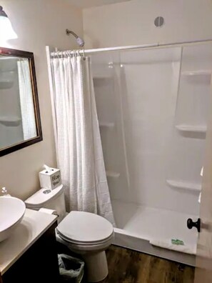 A bathroom with a toilet, sink, and shower.