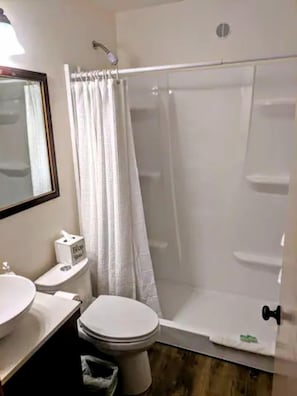 Un baño con inodoro, lavamanos y ducha.