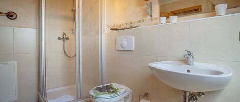 A bathroom with a shower, toilet, sink, and a mirror.