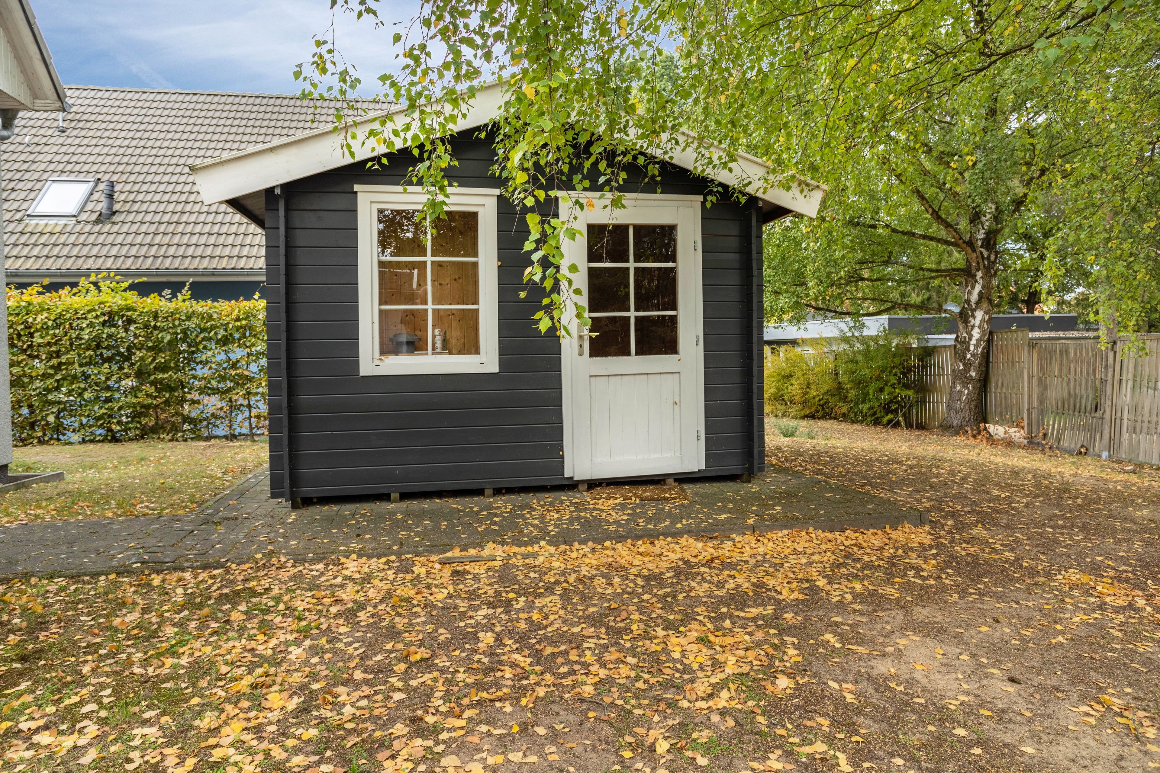 A small, single-story shed with a white door and windows, surrounded by fallen leaves and a wooden fence.