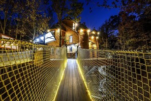 A wooden house with a bridge leading to it, surrounded by trees.