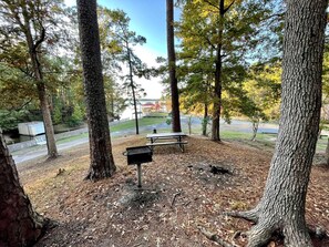 Ein Picknickplatz mit Grill, Bänken und Blick auf ein Gewässer sowie Gebäude im Hintergrund.