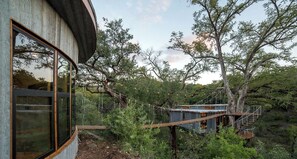 Une cabane dans les arbres avec une terrasse en bois et un pont de corde.