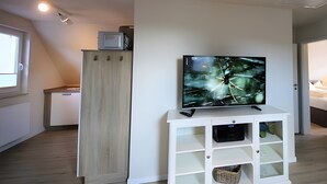 Una habitación con televisión sobre un mueble bajo, un armario y una cama al fondo.