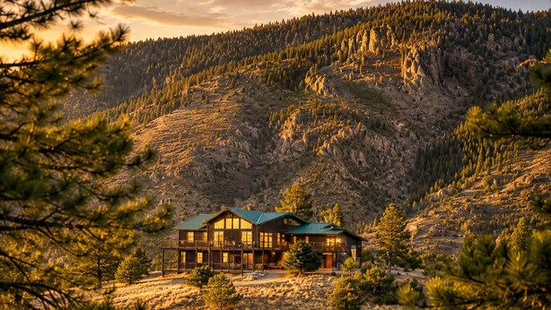 A lodge with a large deck, surrounded by a mountainous landscape. - Fabulous 5-bedroom cabin in Westcliffe perfect for your getaway (Westcliffe)