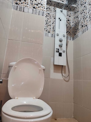 Ein Badezimmer mit Toilette, Dusche und einer fest montierten Bedienkonsole.