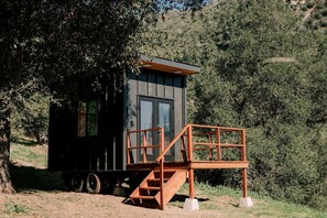 Une petite cabane avec une terrasse en bois et une seule fenêtre, entourée d’arbres.