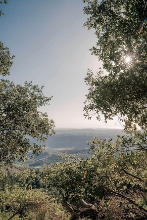 Paisagem montanhosa com vegetação densa e céu claro.