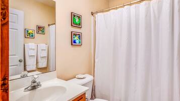 A bathroom with a white sink, mirror, and toilet, a shower curtain, and three framed pictures on the wall.