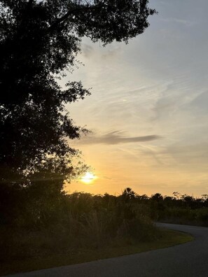 A road curving through a rural landscape with a sunset in the distance. - Luxurious Deluxe Safari Tent with King Bed and Outdoor Fire Pit in Bradenton, Florida (Bradenton)