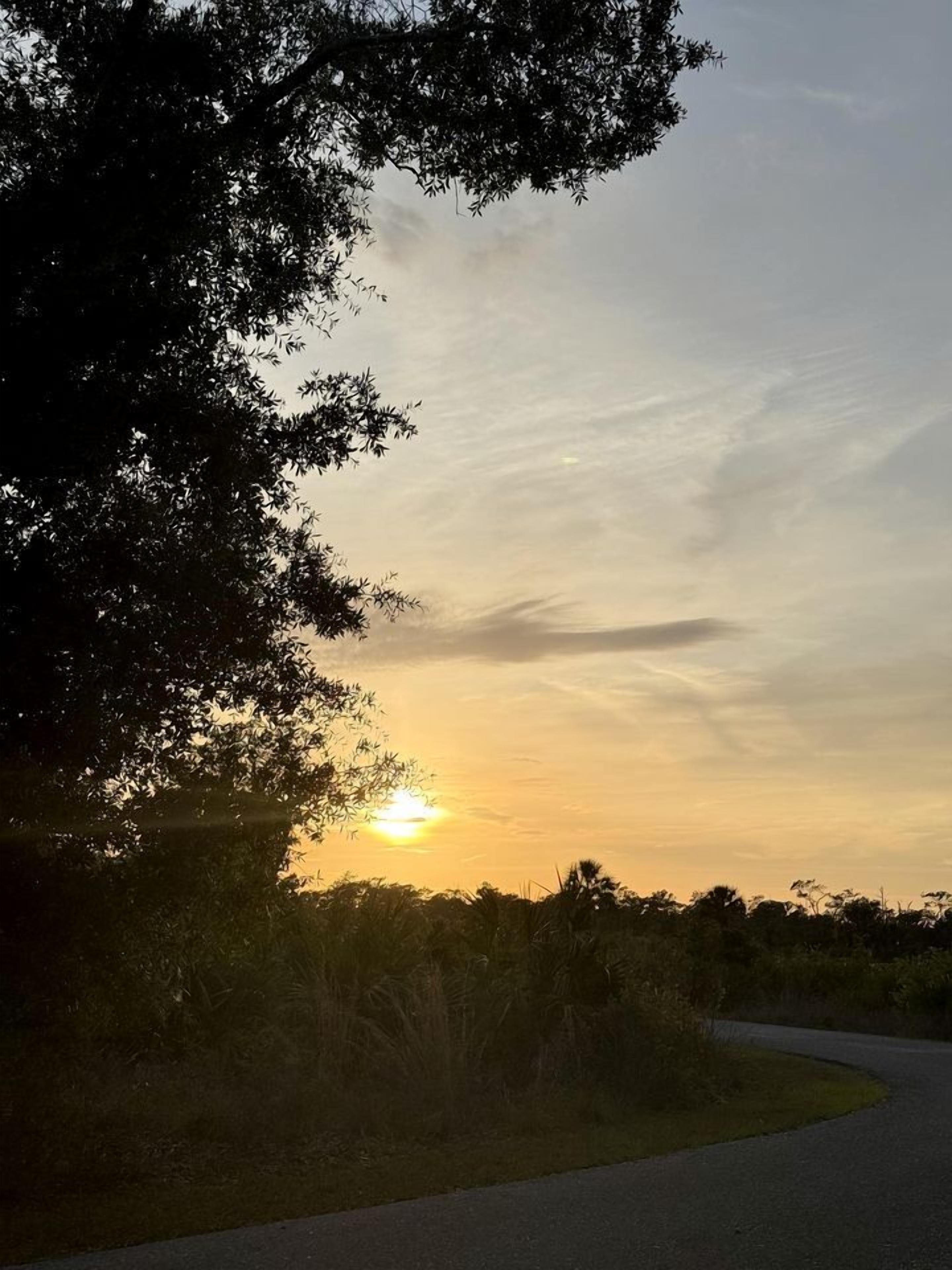 Eine kurvenreiche Straße zieht sich durch eine ländliche Gegend, im Hintergrund ein Sonnenuntergang.