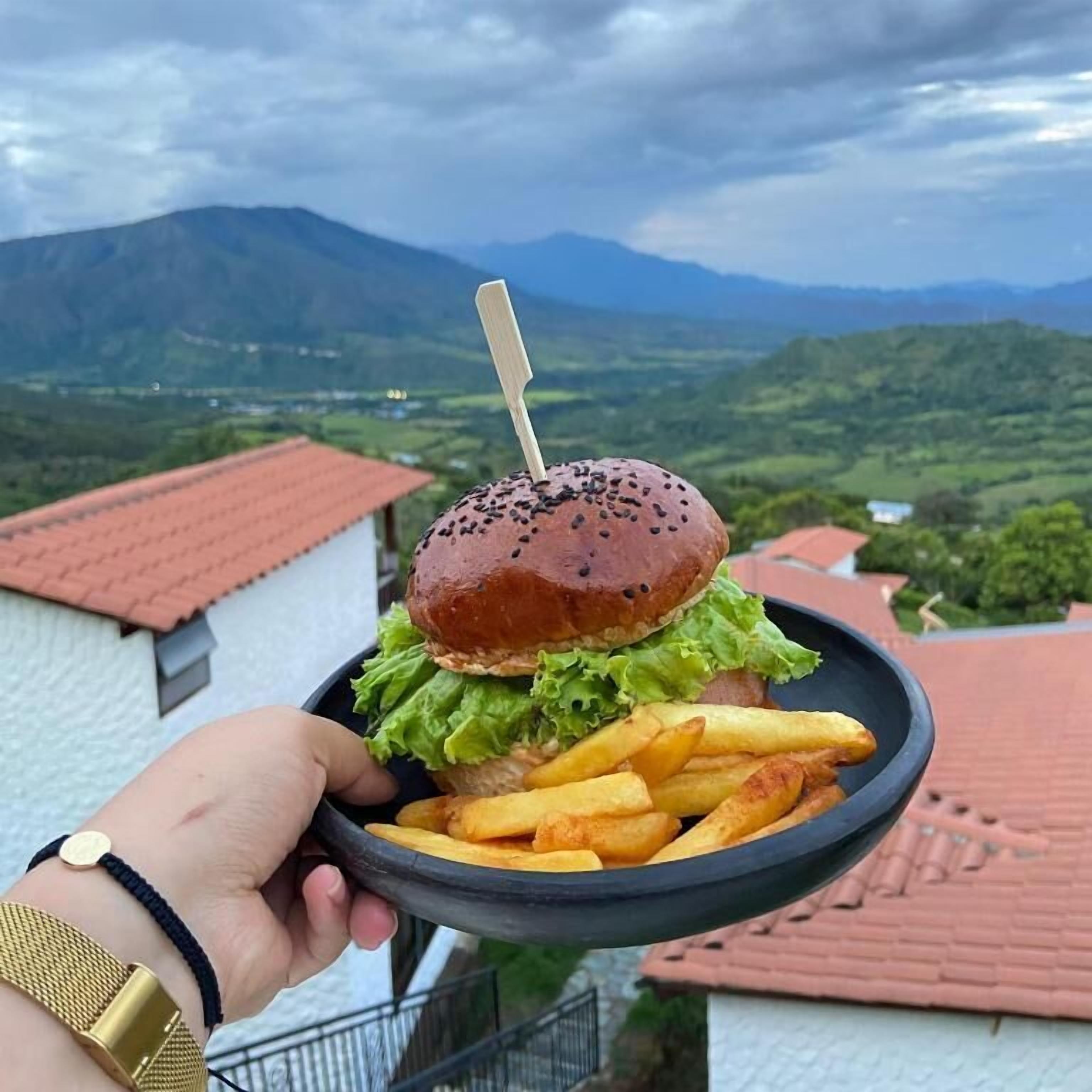Een persoon houdt een bord vast met een hamburger en frietjes, met een bergachtig landschap op de achtergrond.