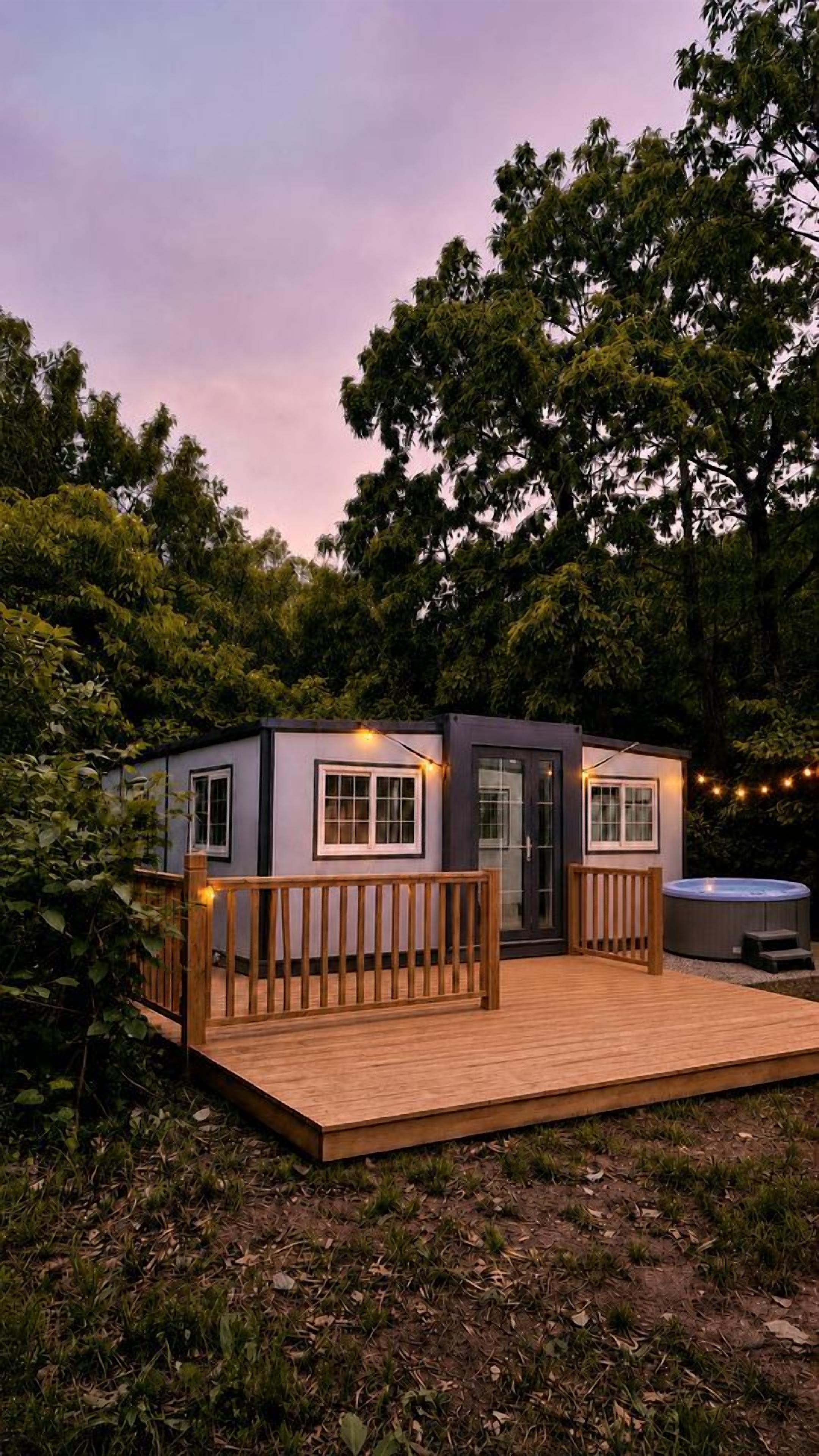 A small, modern cabin with a deck, a hot tub, and surrounded by trees.