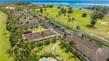 An aerial view of a resort with a swimming pool, multiple buildings, and a beachfront.