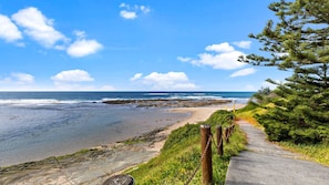 A coastal pathway leading to a beach with rocky outcrops and a pine tree. - Tasman Towers - Unit 6 - Ocean Views (The Entrance)