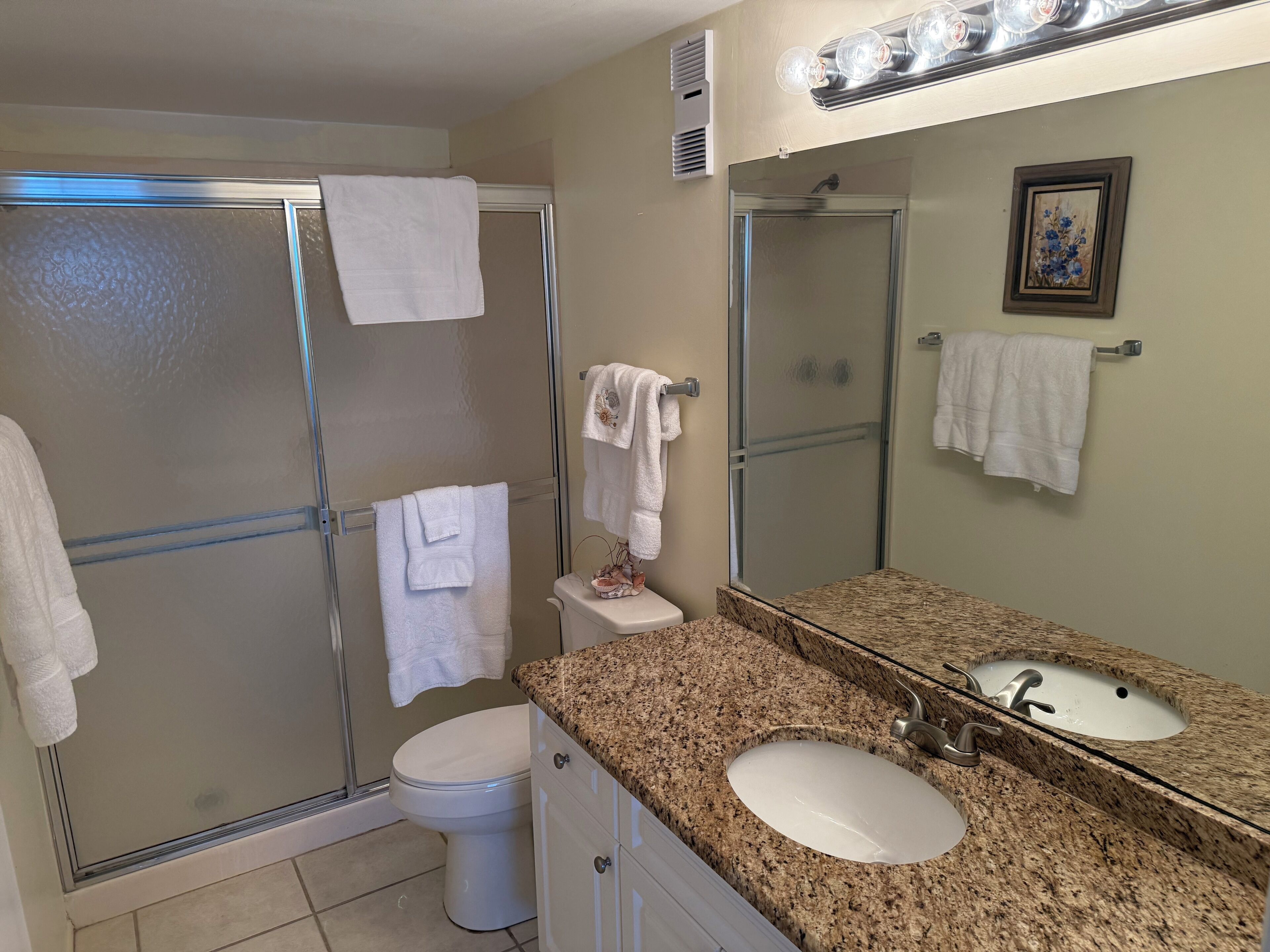 Baño con ducha, inodoro, lavabo y un espejo grande.