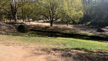 Un parque con árboles, un sendero de tierra y una estructura de piedra.