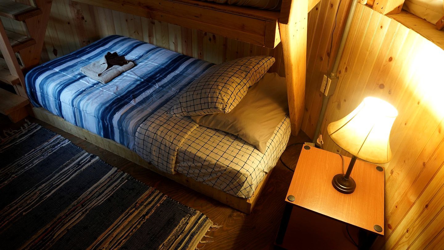 A wooden cabin-style room with a bed, a nightstand, and a lamp.