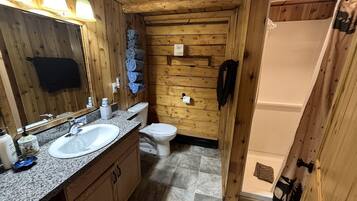Bagno di una casetta in legno con lavandino, WC e doccia.