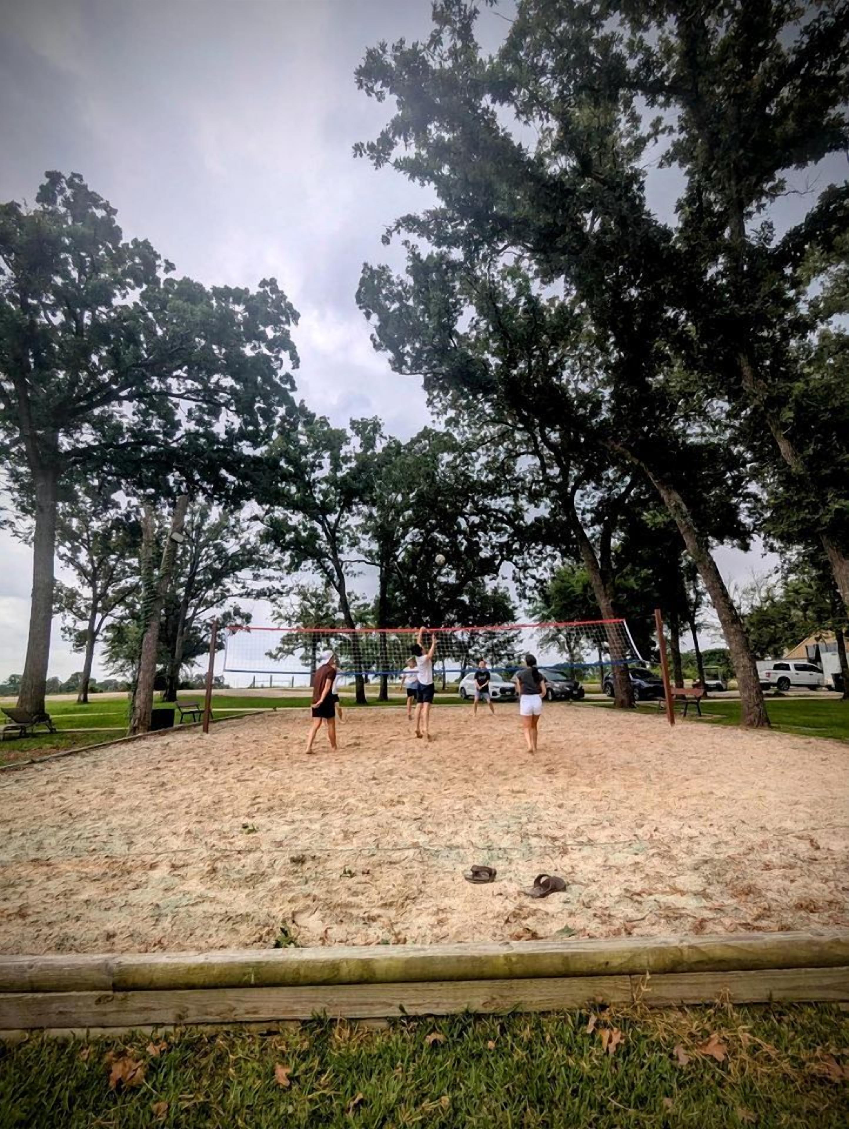 Una cancha de voleibol con red, rodeada de árboles y superficie de arena.