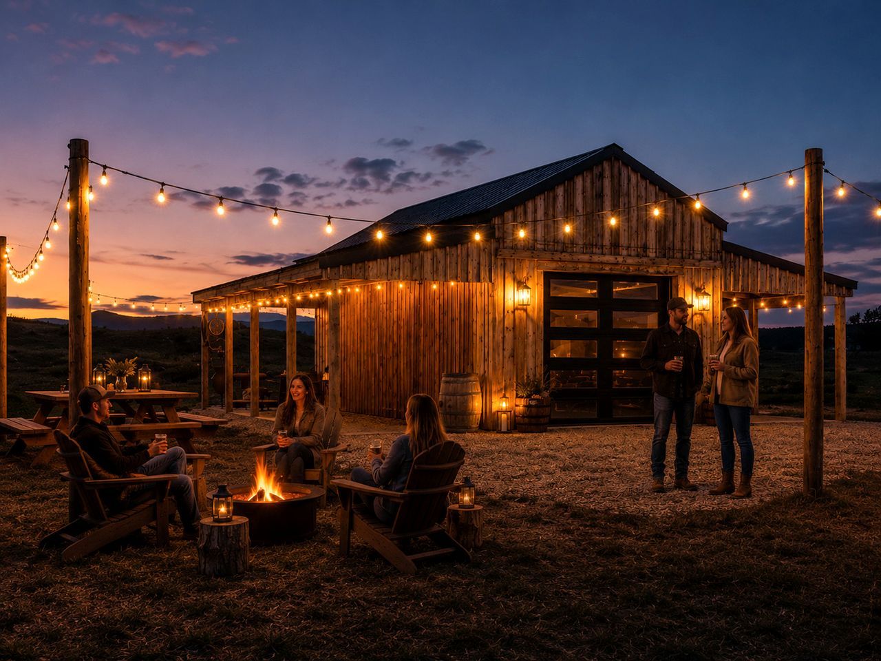 A rustic wooden barn with string lights, outdoor seating, and a fire pit.