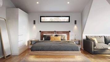 A modern bedroom with a large bed, a sofa, a wardrobe, and a window with a view.