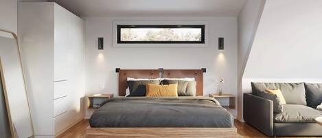 A modern bedroom with a large bed, a sofa, a wardrobe, and a window with a view.