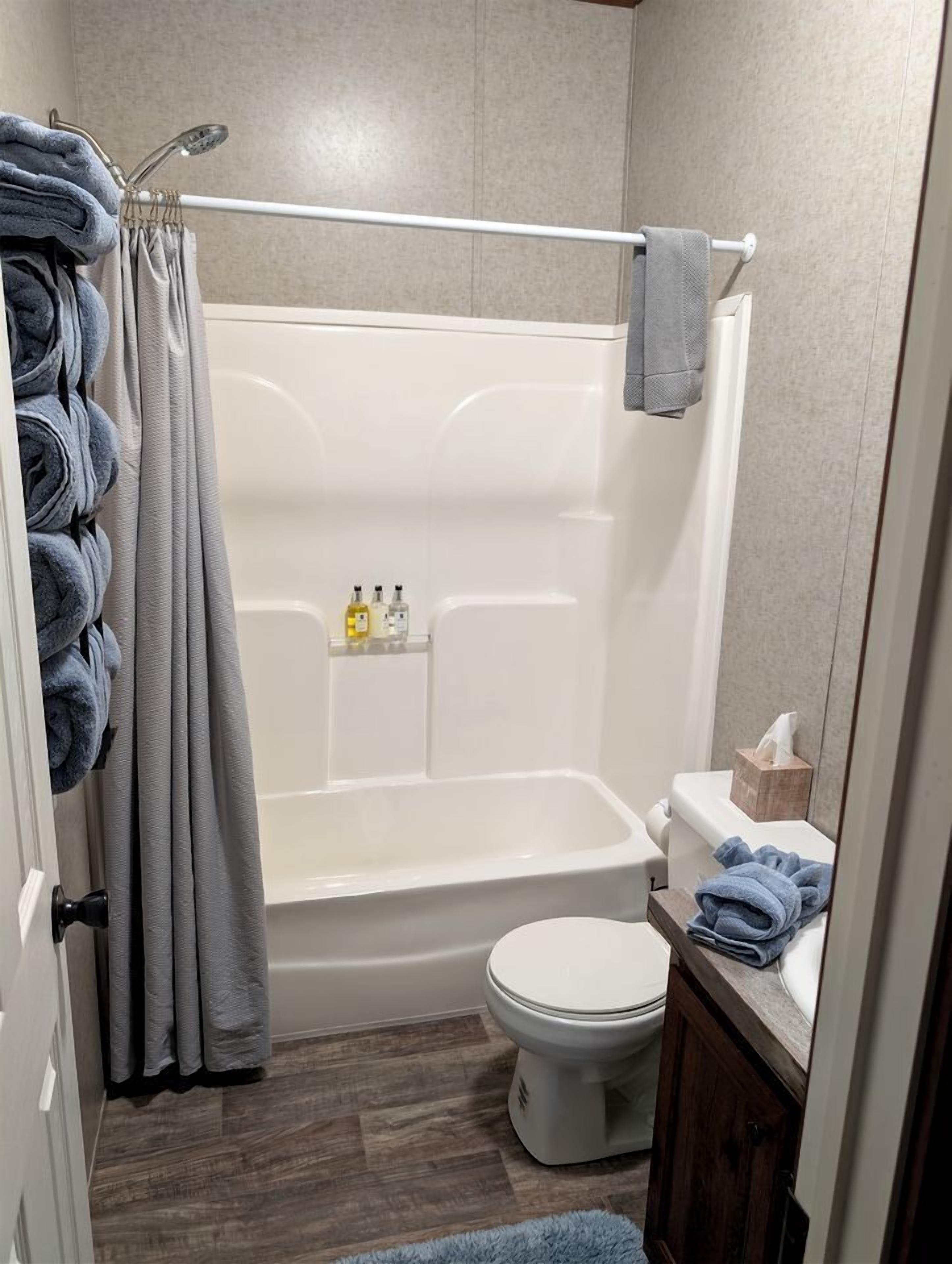 Jetted tub, hair dryer, towels