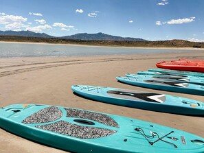 Ein Strand mit am Sand liegenden Stand-Up-Paddles.