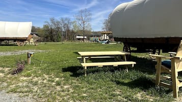 Een picknicktafel en een overdekt gebied in een grasveld, met een gebouw op de achtergrond.