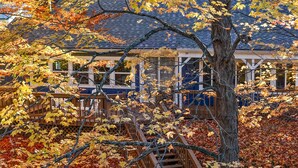 Ein Haus mit einer Holztreppe, die zu einer Terrasse führt, umgeben von Herbstlaub.