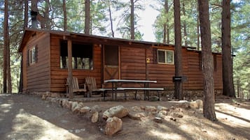 Een rustieke hut met een picknicktafel en stoelen, omgeven door een bosrijk landschap.