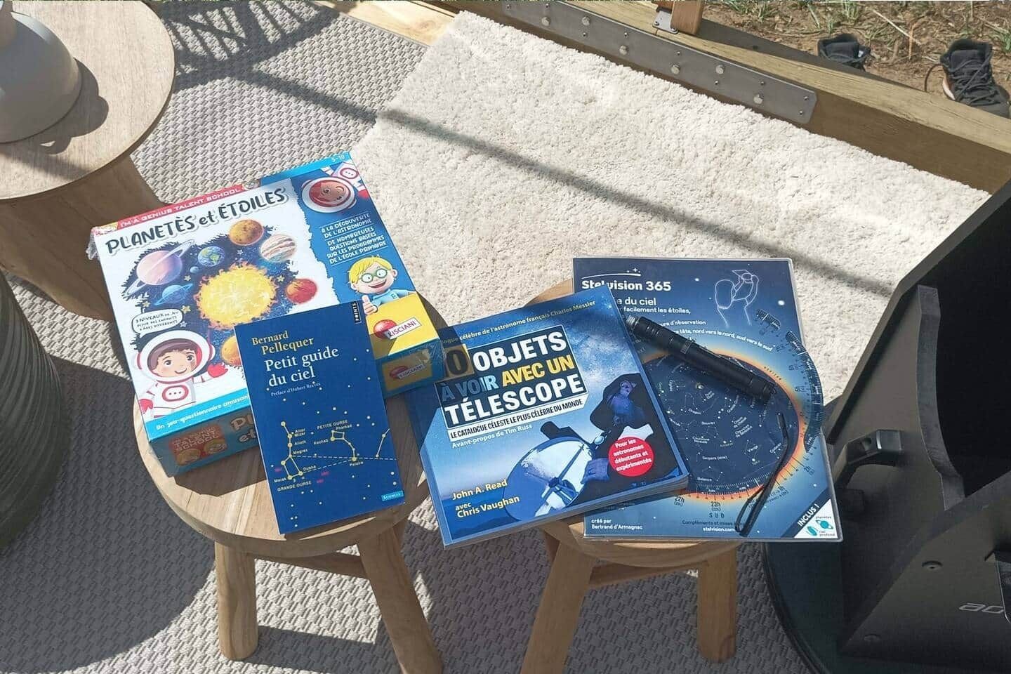 A table with educational books on astronomy and space exploration.