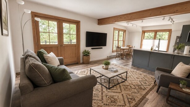 A modern living room with a sofa, coffee table, and TV. There are wooden floors, large windows, and a kitchen area. - Ore Station 9: Hot Tub, Ski IN/OUT at Base of Gondola (Telluride)