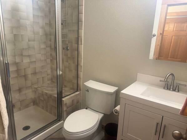 A bathroom with a glass-enclosed shower, a toilet, and a sink with a mirror above.