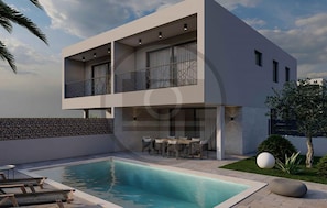 A modern two-story house with a swimming pool, outdoor seating, and a well-maintained garden. - Beautiful home in Privlaka (Privlaka)