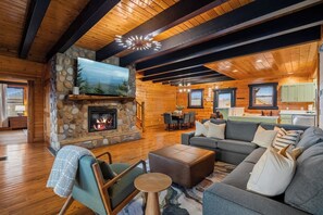 TV, fireplace - Epic Group Cabin | Game Room + King Suites + Views (Sevierville)