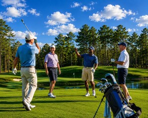 Un terrain de golf avec des joueurs, un obstacle d’eau et un sac de golf.