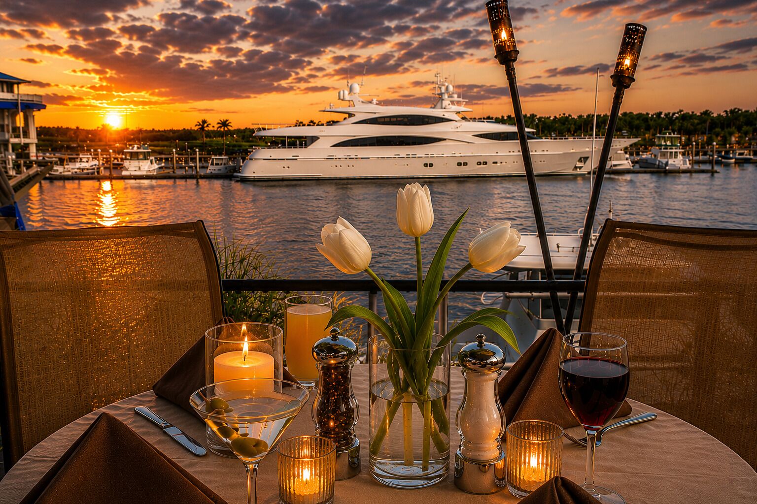 Une table dressée pour un repas, avec des bougies, un vase rempli de fleurs et des verres de vin, donnant sur une marina où sont amarrés des bateaux, le tout baigné par les couleurs d’un coucher de soleil.