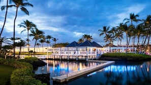 Un resort con piscina, palmeras y una zona techada con escaleras.