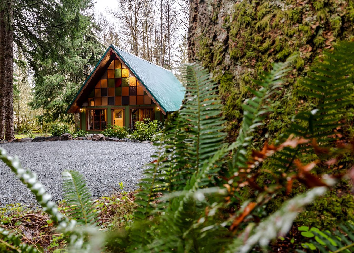 A cabin with a sloped roof, surrounded by dense forest.