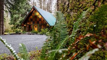 A cabin with a sloped roof, surrounded by dense forest.