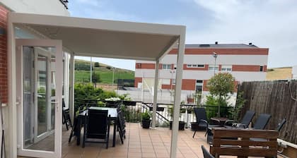 3-bedroom apartment with a 100-meter patio featuring a barbecue and an outdoor pool