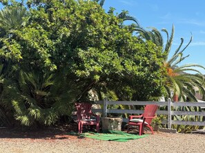 A red chair and a green mat on a gravel surface, with a wooden fence and a large tree in the background. - Whole House Free Parking Great Price and Location (San Diego)