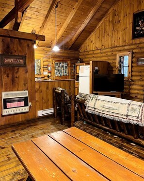 Un intérieur en bois avec une cheminée, un téléviseur et un banc.