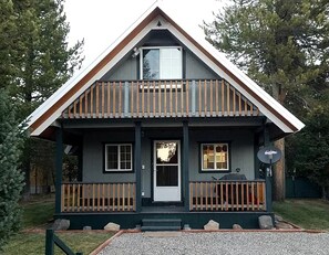 A two-story cabin with a front porch, a satellite dish, and a small deck. - Comfortable Cottage Perfect for Families near Yellowstone, Idaho (Island Park)