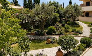 A garden with various plants and a stone pathway. - Poolfront Cabana 13 – Small Double Room by the Pool (Kontokali)