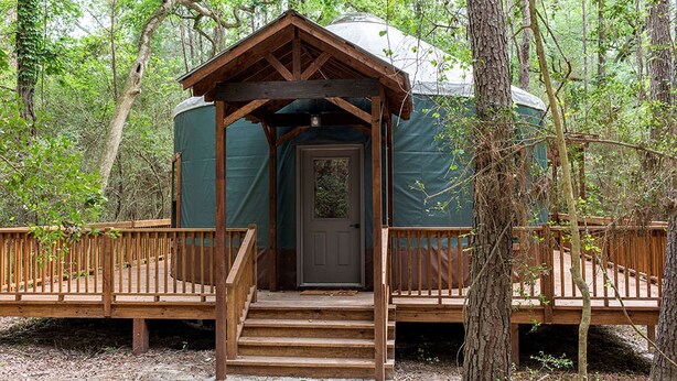 A yurt with a wooden porch and a door, surrounded by trees.