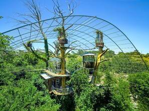 A treehouse with a platform and a small cabin, surrounded by a wire mesh canopy.